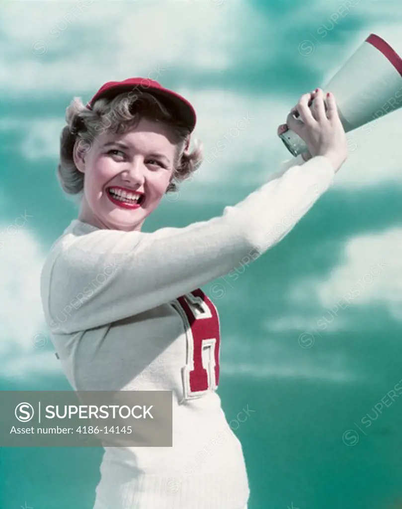 1940S 1950S Smiling Teen Girl Cheerleader Wearing Varsity Letter Sweater Holding Megaphone