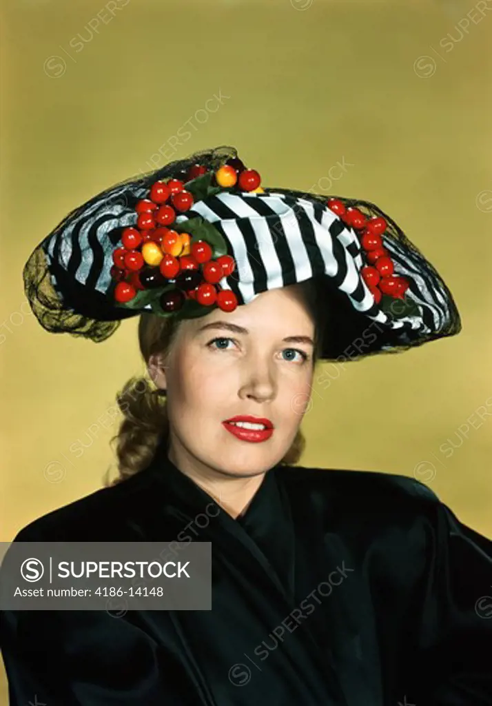 1940S Portrait Woman Wearing Black And White Striped Hat With Fruit Berries And Black Netting