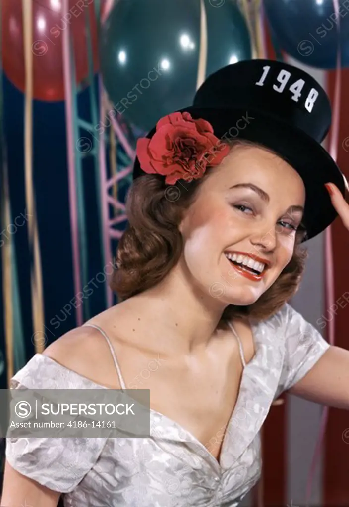 1940S Smiling Woman Wearing New Years Eve Party Hat Of 1948