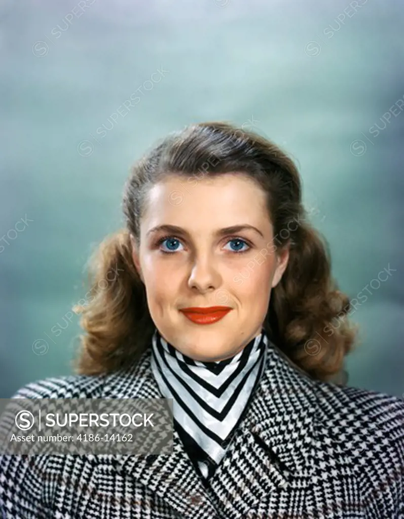 1940S 1950S Portrait Smiling Woman Wearing Hounds Tooth Tweed Coat Striped Scarf Looking At Camera