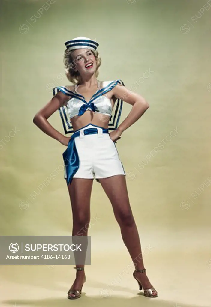 1940S 1950S Woman Pinup In Two Piece Sailor Nautical Costume