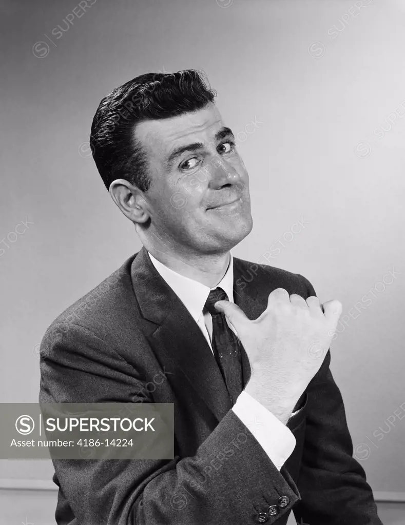 1950S Business Man Smiling Giving Thumbs Up Sign Pointing To Himself