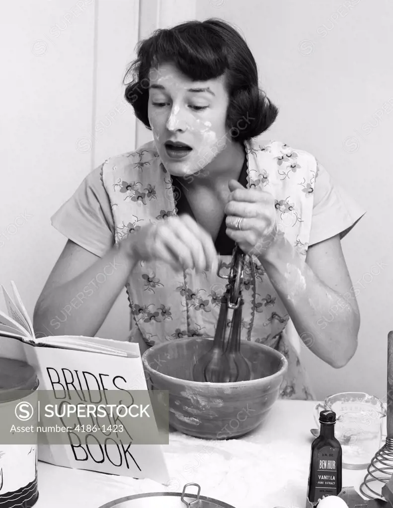 1950S Woman Face Covered Flour Mixing Ingredients Reading Brides Cook Book