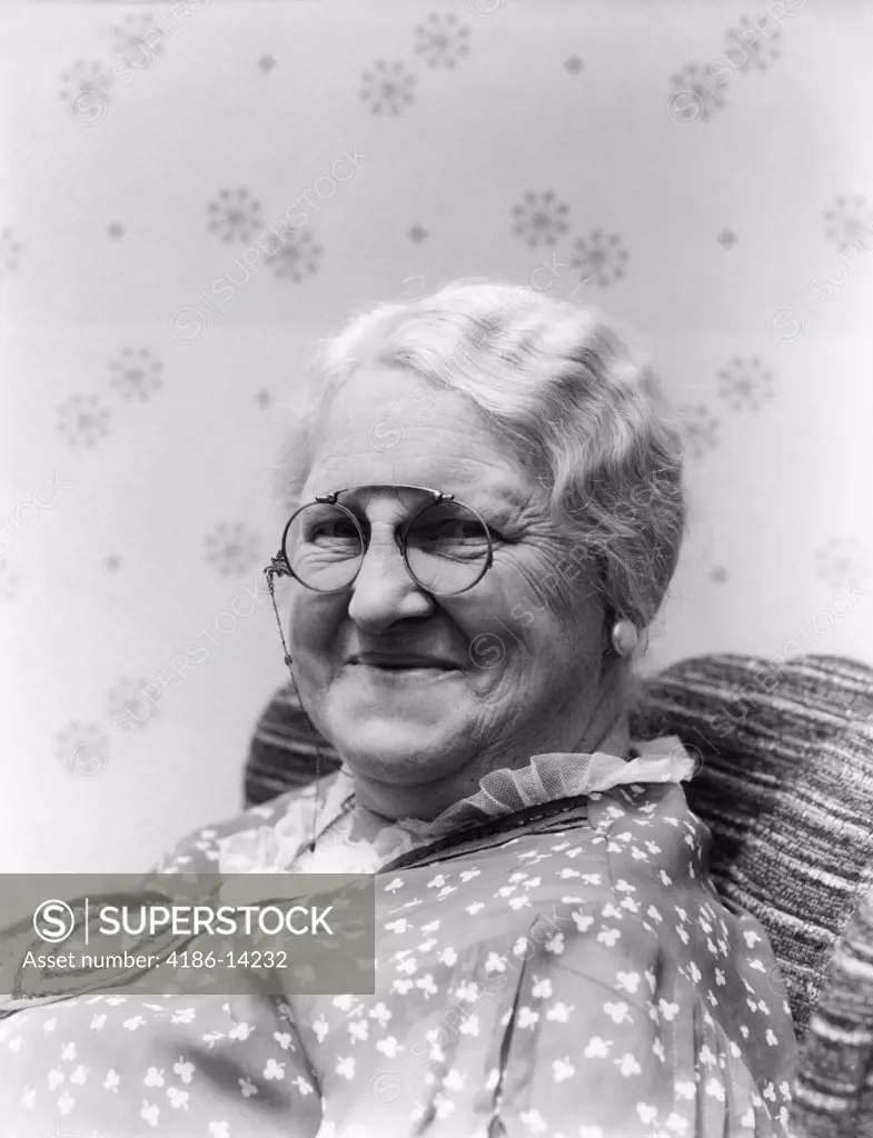 1930S Portrait Of Elderly White Hair Woman Smiling Wearing Pince-Nez Glasses