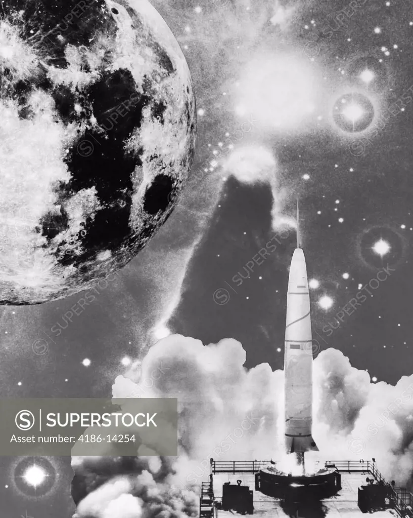 1950S Composite Image Of Rocket Launch Pad Site Planet Cloud Star Cluster