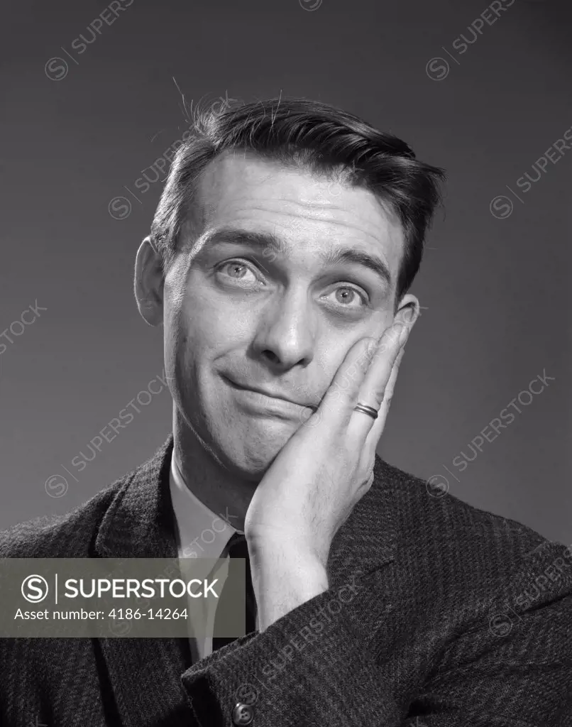 1960S Man Hand To Face Funny Facial Expression Looking Overwhelmed