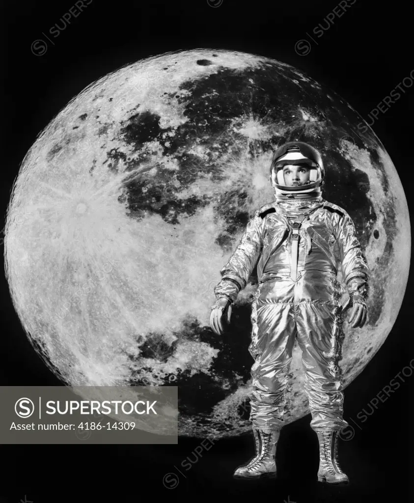 1960S Man In Silver Astronaut Suit With Moon In Background