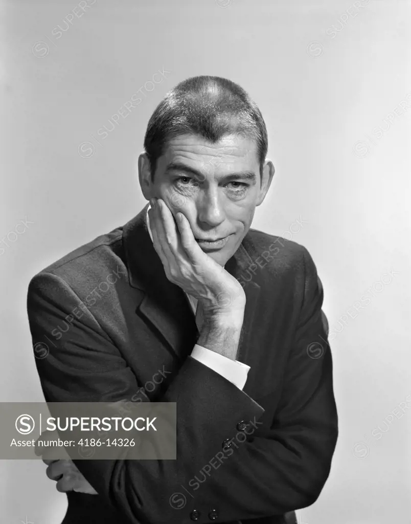 1960S Middle Aged Man Arms Folded Rest Face In Hand Look At Camera Disgusted Serious Funny Face Expression Fed Up Business Man
