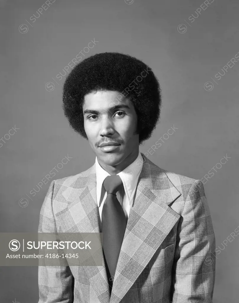 1970S Afr0-American Portrait Male With Afro Wearing Plaid Jacket & Wide Solid Tie