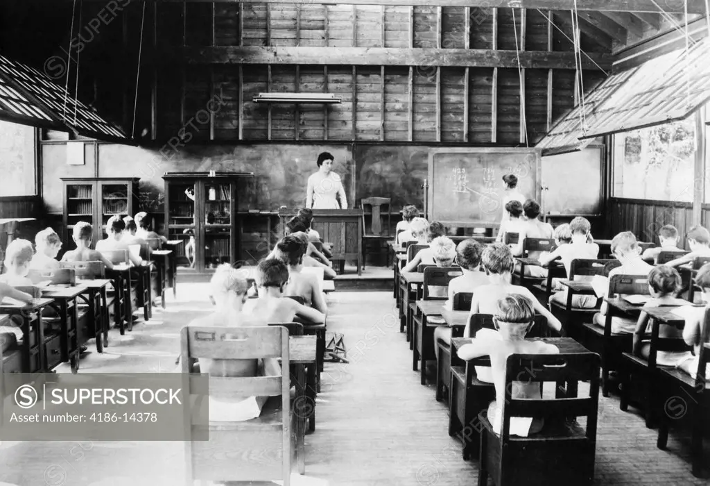 1920S Perrysburg Sanitarium For Tubercular Children Stripped To Waist Wearing Little Studying Classroom