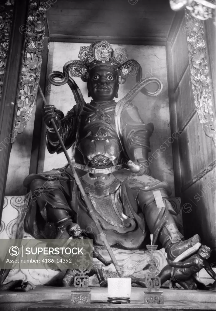 1920S 1930S Statue Chinese Temple Guardian At Entrance To Temple Singapore