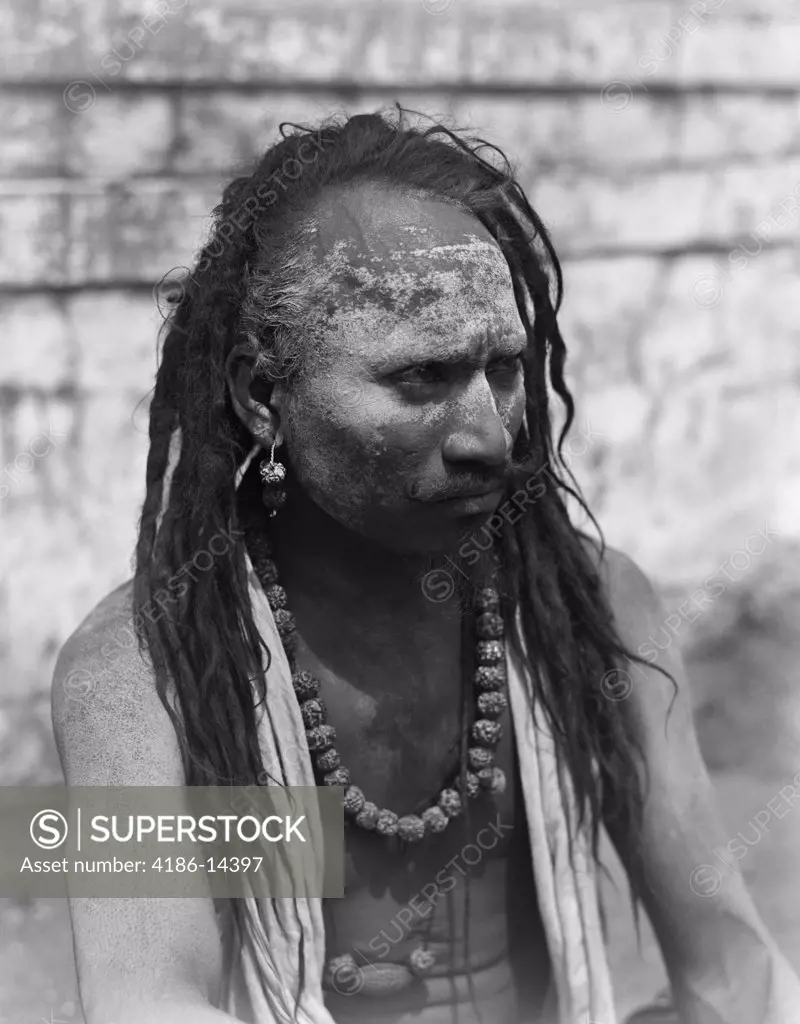 1930S Portrait Hindu Man Fakir Bombay India Messy Matted Hair Dusty Dirty Powdered Face Necklace Earring