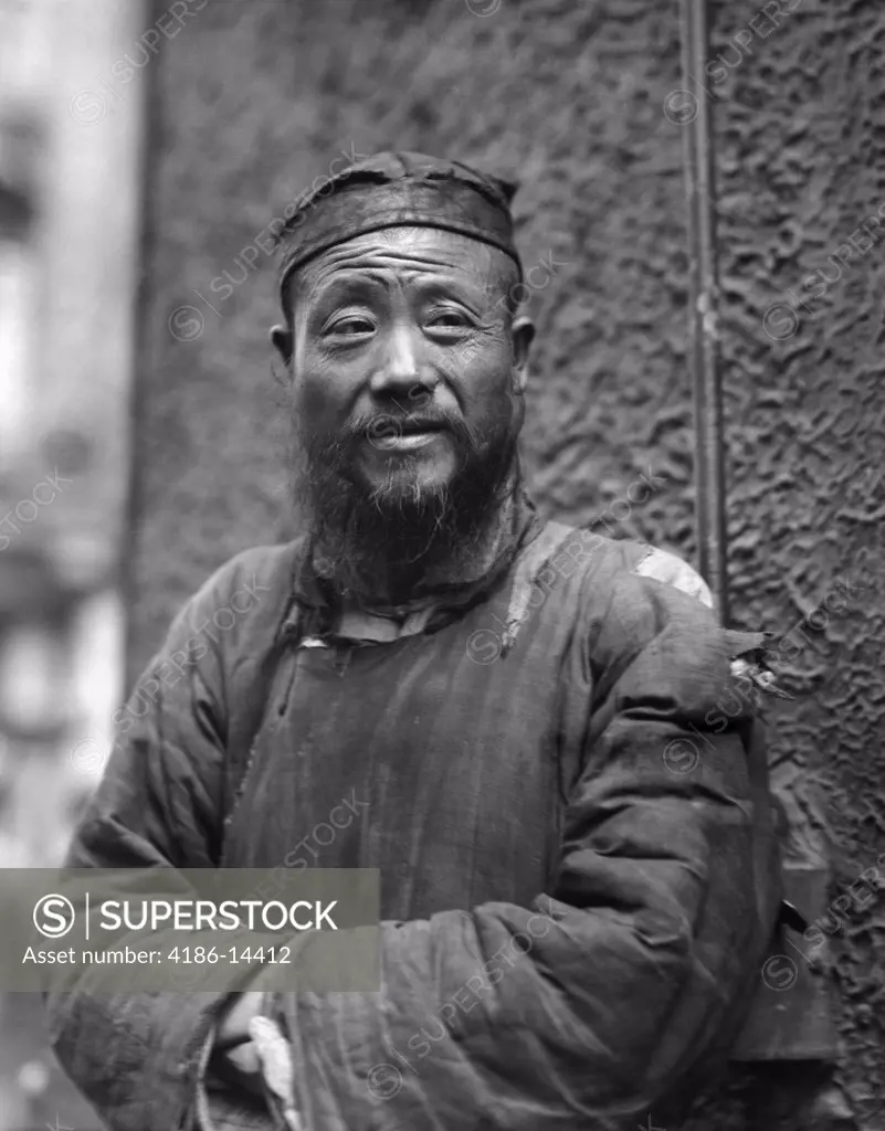 1920S 1930S Portrait Old Elderly Man Character Chinese Priest Tattered Clothes Beard Hat Shanghai China
