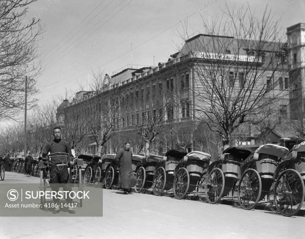 1920S 1930S Long Line Of Rickshaws Riksha Waiting At Grand Hotel Peking Beijing China