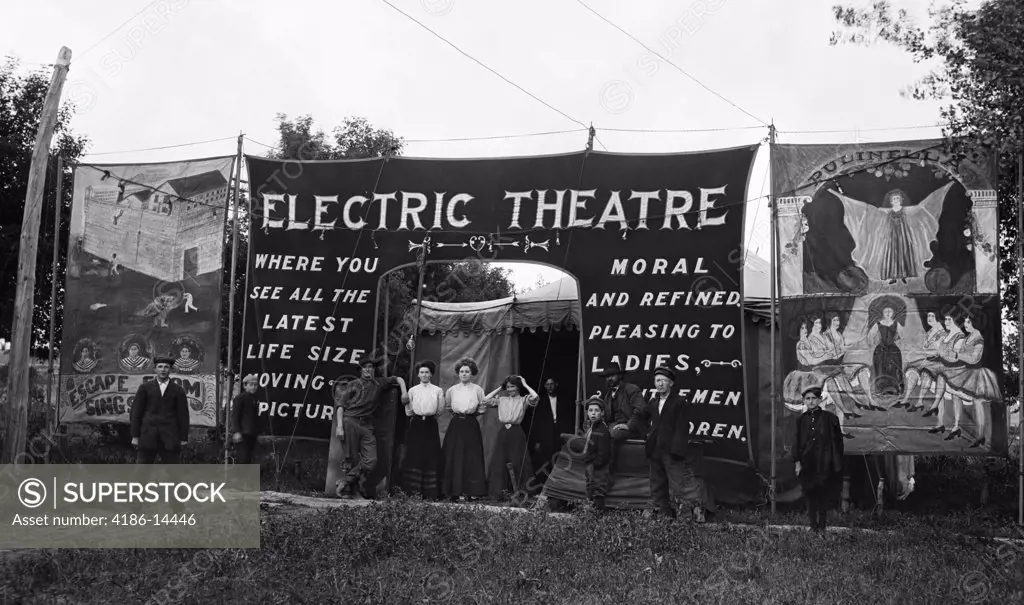 1900S 1910S Group People Standing At Entrance Outdoor Traveling Moving Picture Theater