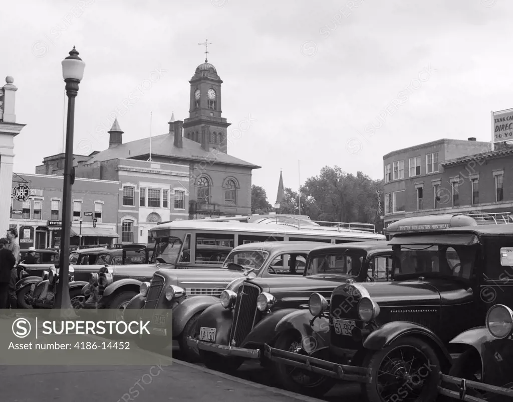 1930S Buses Cars Parked Small Town Square Small Town Claremont New Hampshire Usa