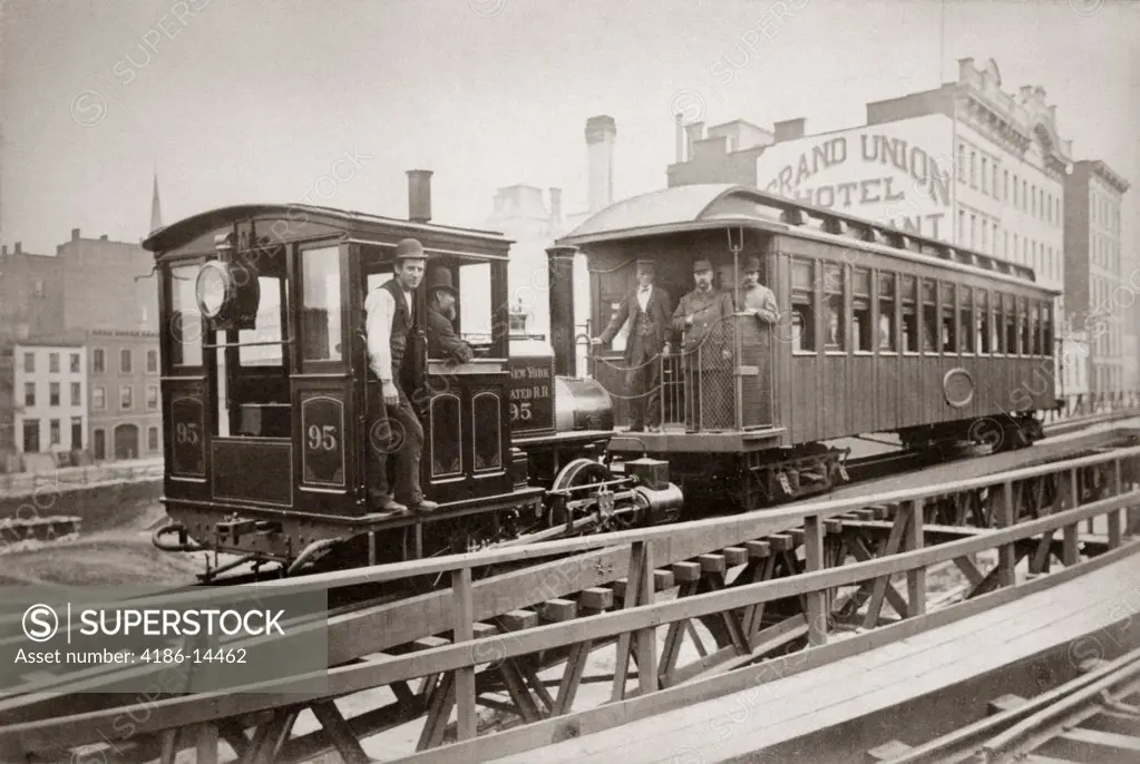 1880S Locomotive & One Passenger Car Running On East 42Nd Street Group Of Men On Board Grand Union Hotel In Background