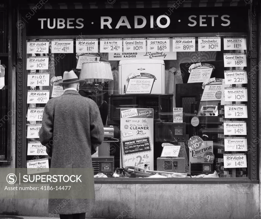 1940S Man Looking At Window Display Of Radios On Sale In New York City