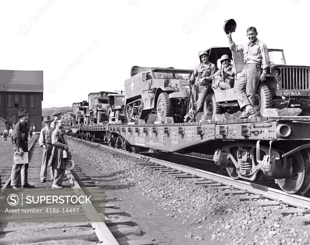1940S World War Ii Freight Train Of Jeeps And Half Tracks On Way To The Front Factory Workers Bid Farewell To Soldiers On Train