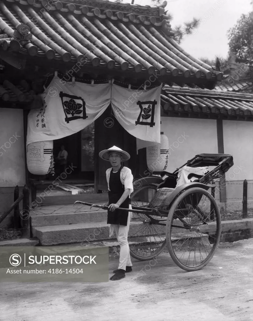 1930S Japanese Man Worker Pulling Rickshaw Riksha Jinriksha Stand Before Temple In Kobe Japan