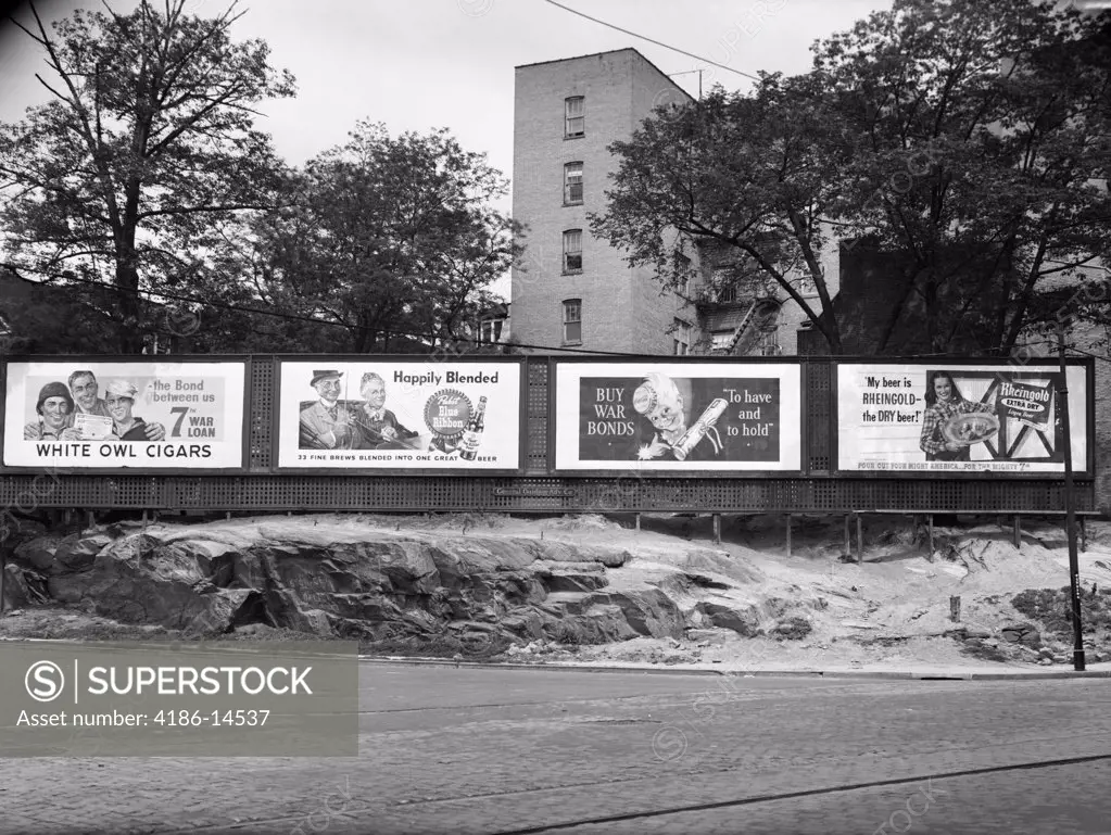 1940S 1945 Wartime Billboards For Cigars Beer Coca Cola All Promoting War Bonds Burnside Avenue In The Bronx New York