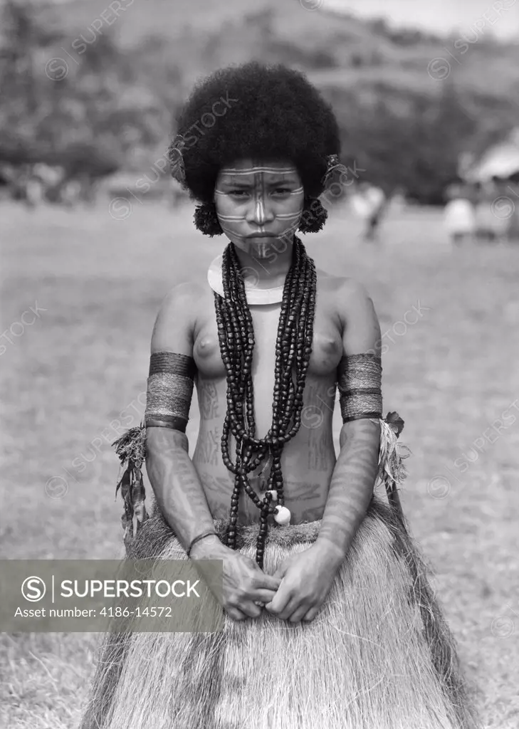 1920S 1930S Native Woman Topless Native Costume Grass Skirt Tattoos Necklace Hanuabada Village Port Moresby New Guinea
