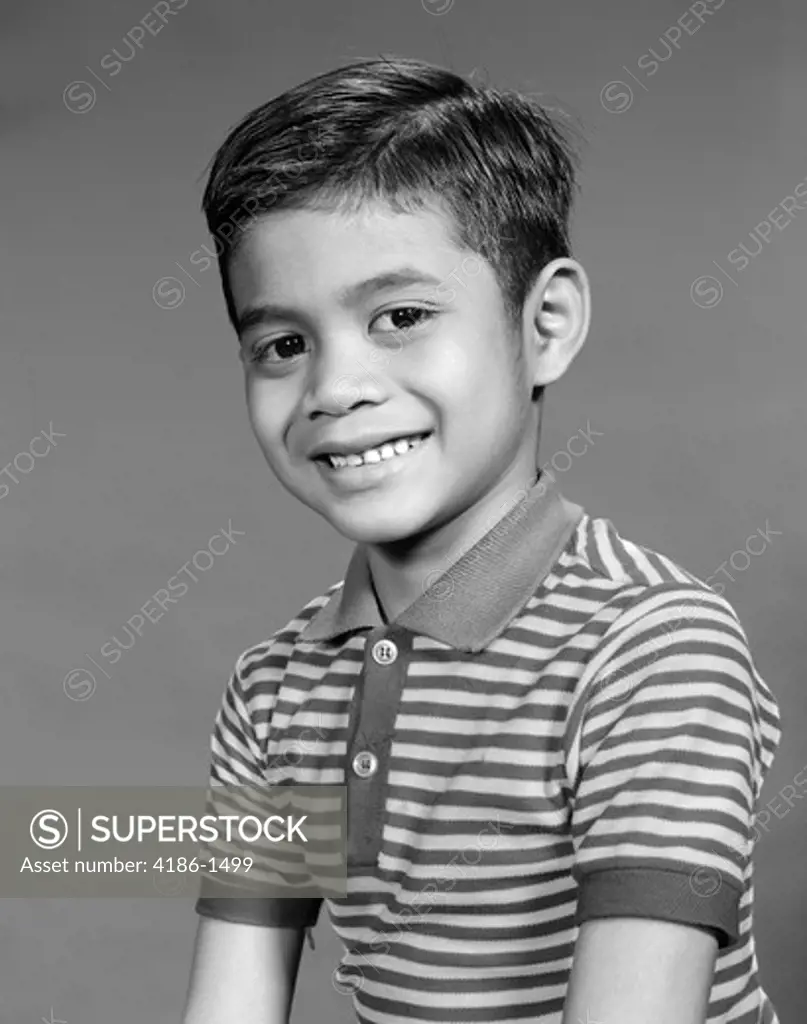 1950S 1960S Portrait Smiling Boy Ethnic Indonesian Indian Asian In Striped Tee Shirt