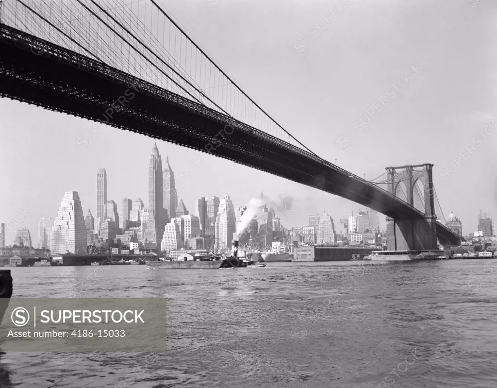1940S 1950S Skyline Of Lower Manhattan With Brooklyn Bridge From Brooklyn Across The East River