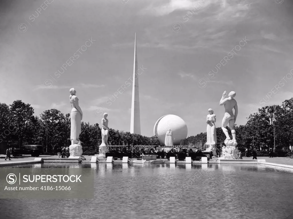Constitution Mall At The 1939 World'S Fair In New York Pond Surrounded By Statues With Sphere And Tower Obelisk In Rear Art Deco