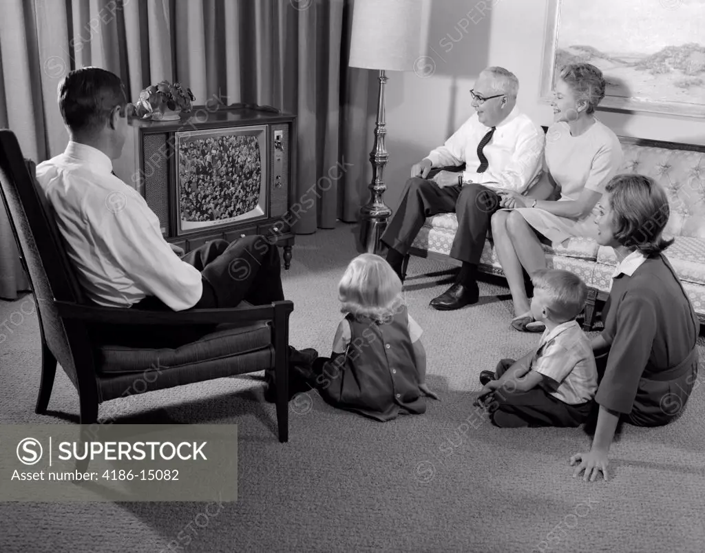 1960S 3 Generation Family Of 6 Watching Television
