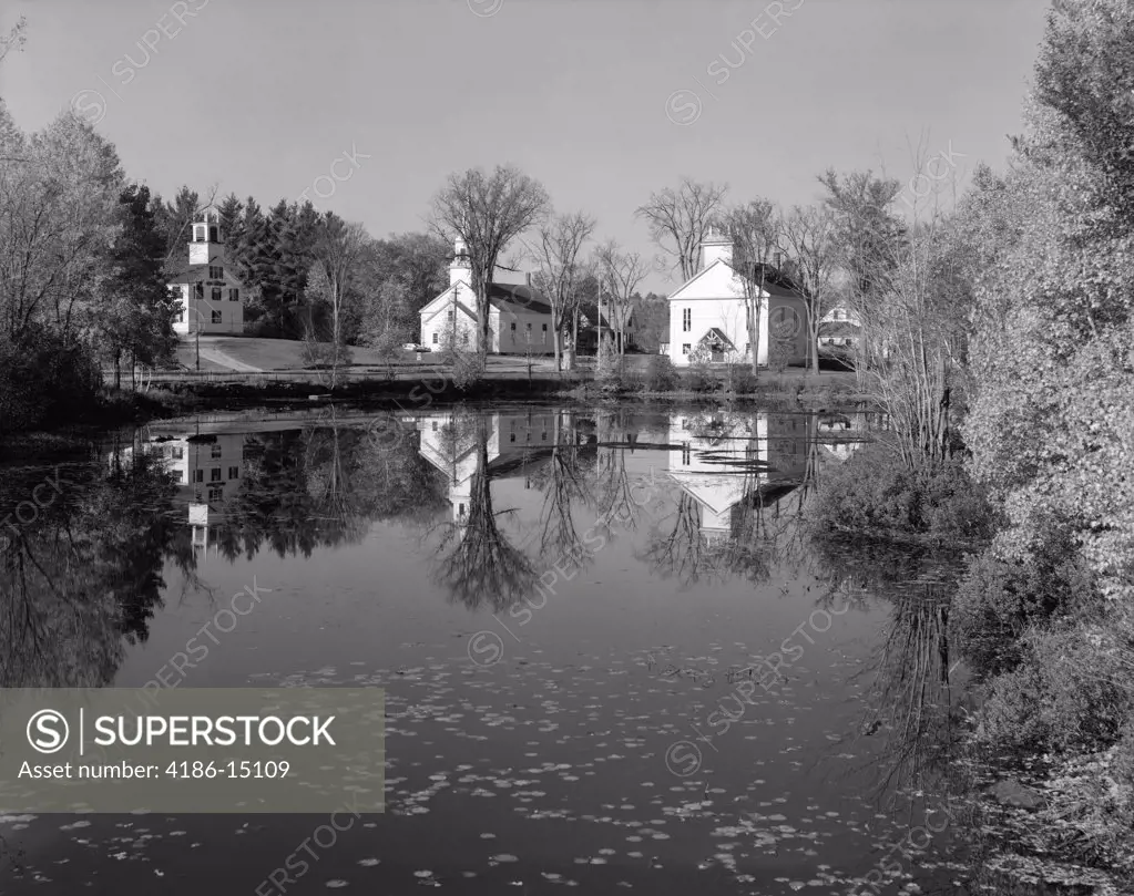 1950S Small Town White Public Buildings Around Lake Spring Church School Town Hall