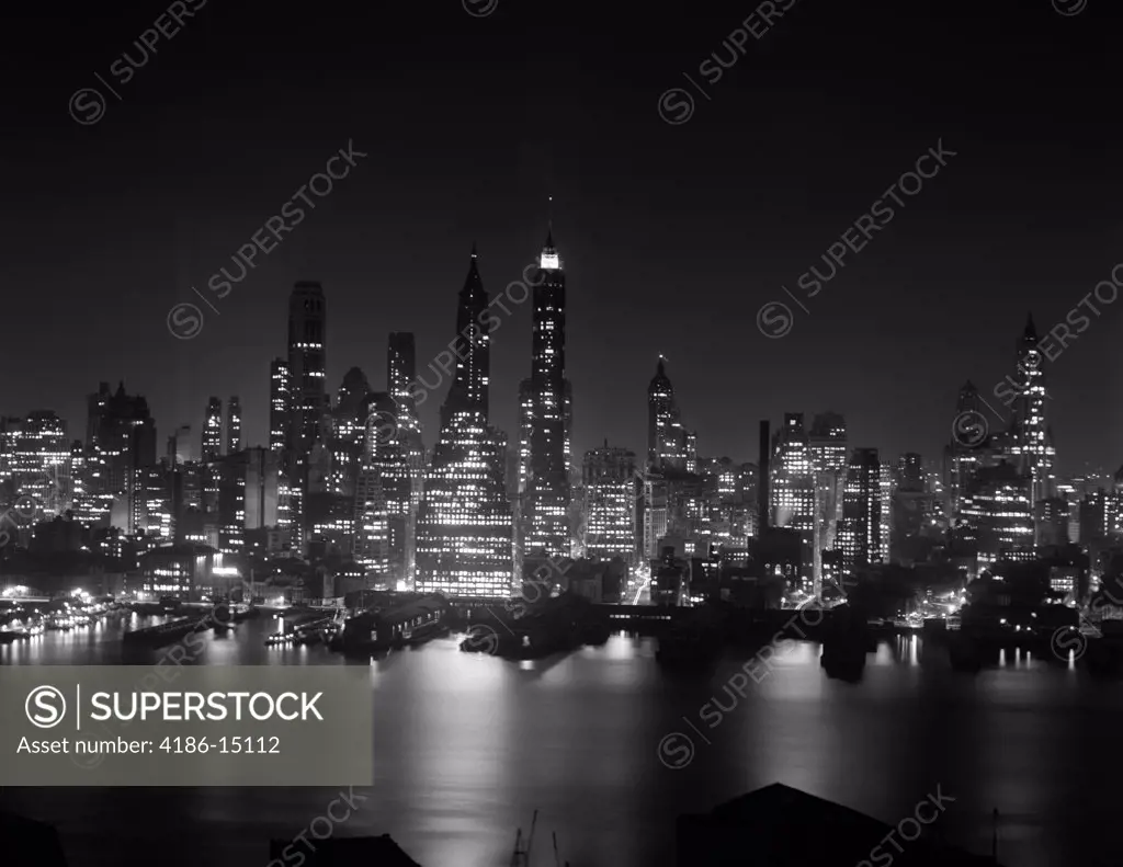 1950S Night Skyline Midtown Manhattan New York City Empire State Building Hudson River