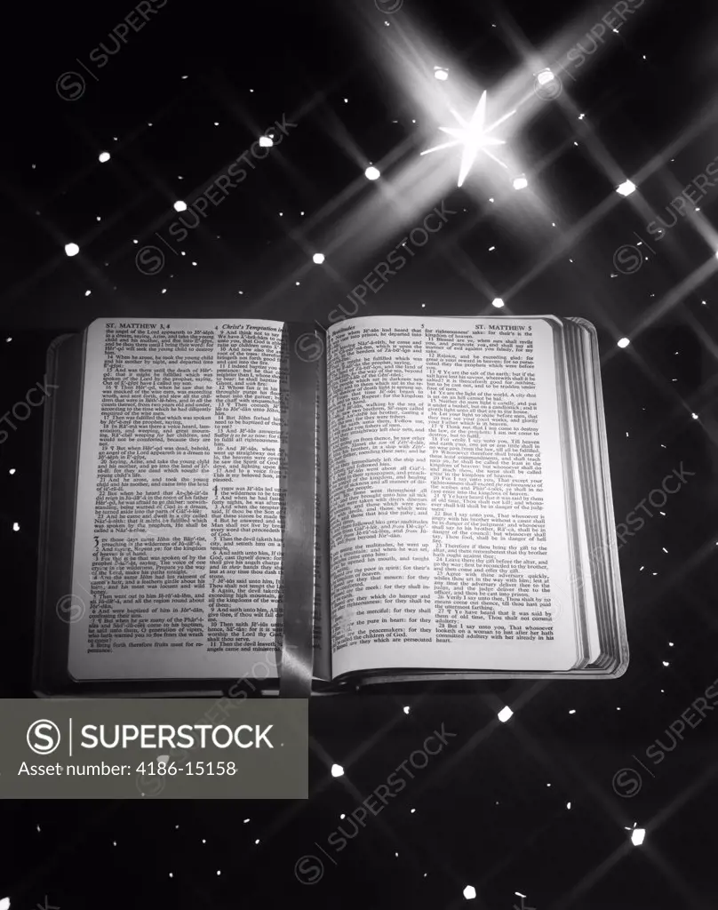1950S Open Book Bible Ribbon Bookmark Matthew Against Star Background Large Star Of Bethlehem Christmas