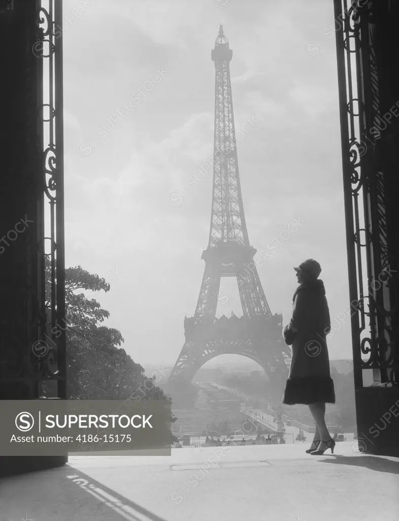 1920S 1930S Moody Silhouetted Woman Paris Standing In Trocadero Looking Toward Eiffel Tower  