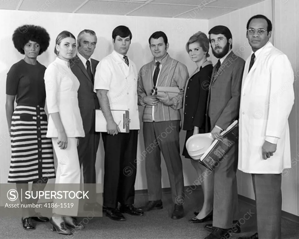 1970S Multi-Ethnic Line-Up Of Men & Women Of Various Professions With Serious Expressions