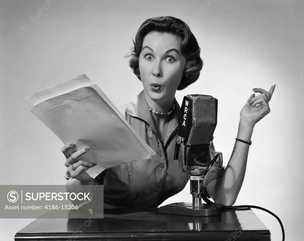 1950S Woman Talking Into Radio Microphone Holding Papers Exaggerated Facial Expression