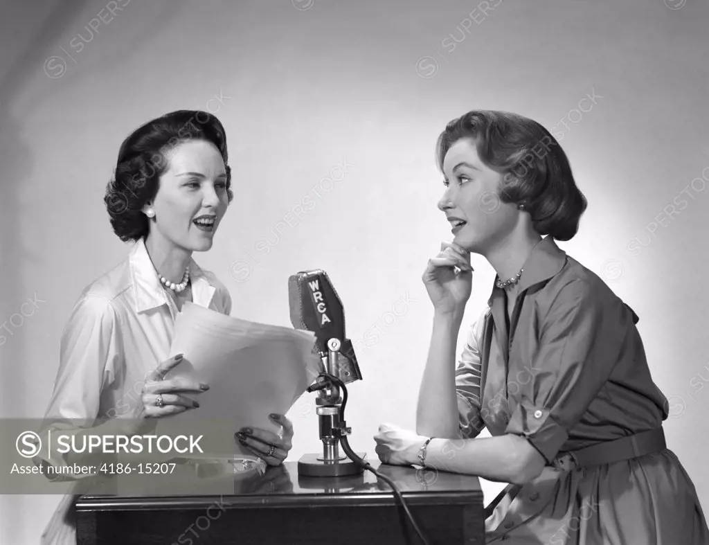 1950S Two Women Doing Radio Broadcast Indoor