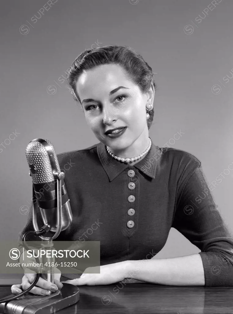 1950S Portrait Of Woman Announcer Talking Into Microphone Indoor Studio Symbolic Freedom Of Speech