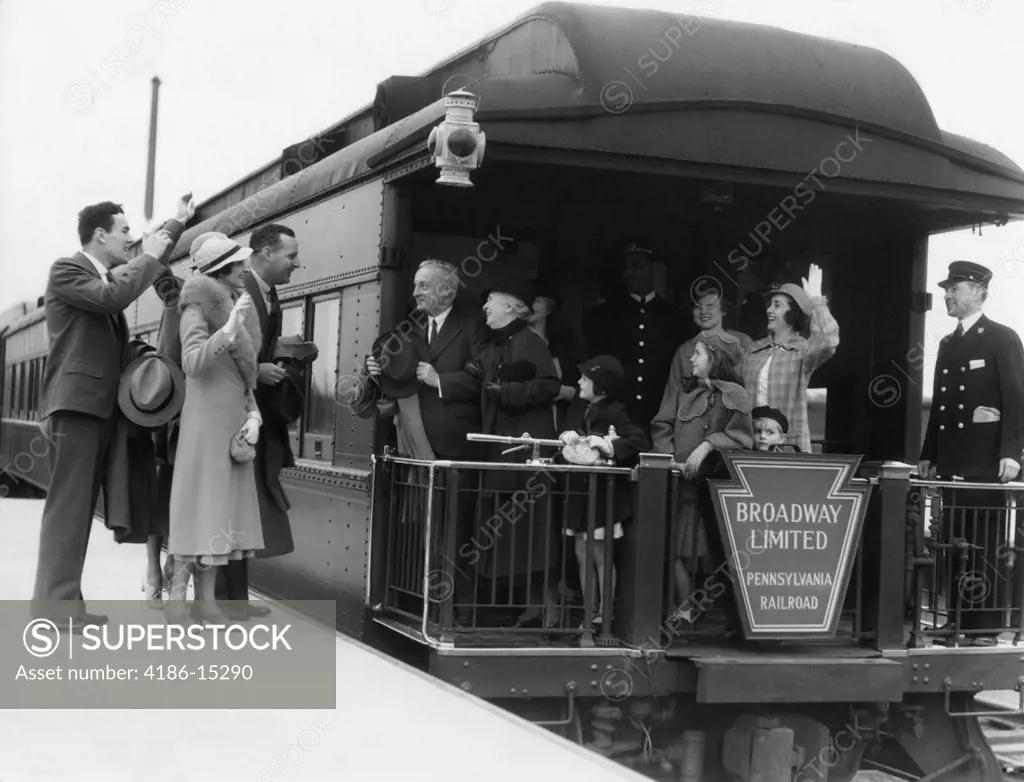 1930S Family With Grandparents & Conductor On Broadway Limited Observation Car Train Platform Waving Goodbye & Farewell
