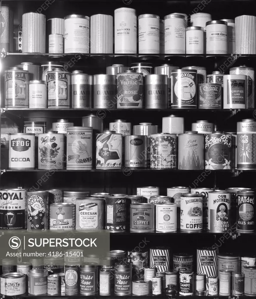 1920S 1930S 1940S Tin Cans And Containers On Shelves