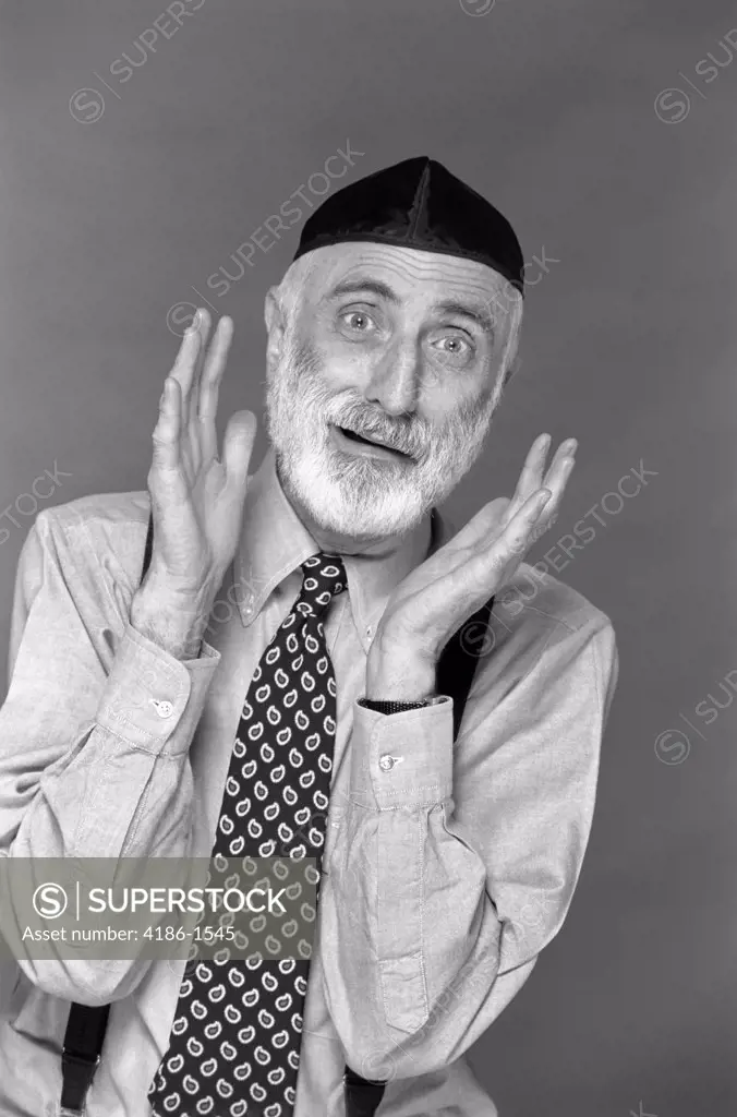 Character Portrait Man Gray Beard Wear Yarmulke Hebrew Jewish Skullcap Hands Up To Face Gesture Funny Expression Oy!