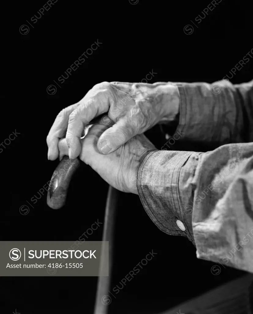1940S Elderly Man'S Hands Holding Wooden Cane