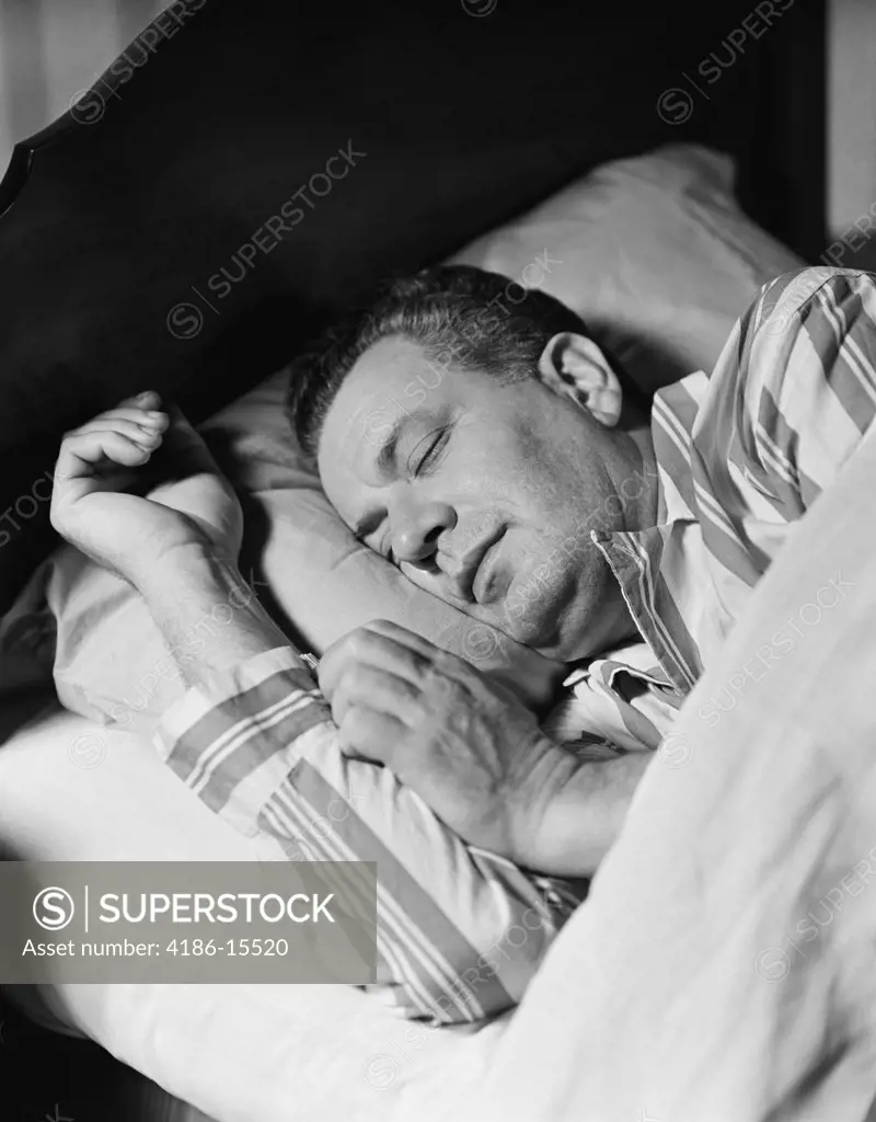 1940S 1950S Man Asleep Sleeping In Bed Wearing Pajamas