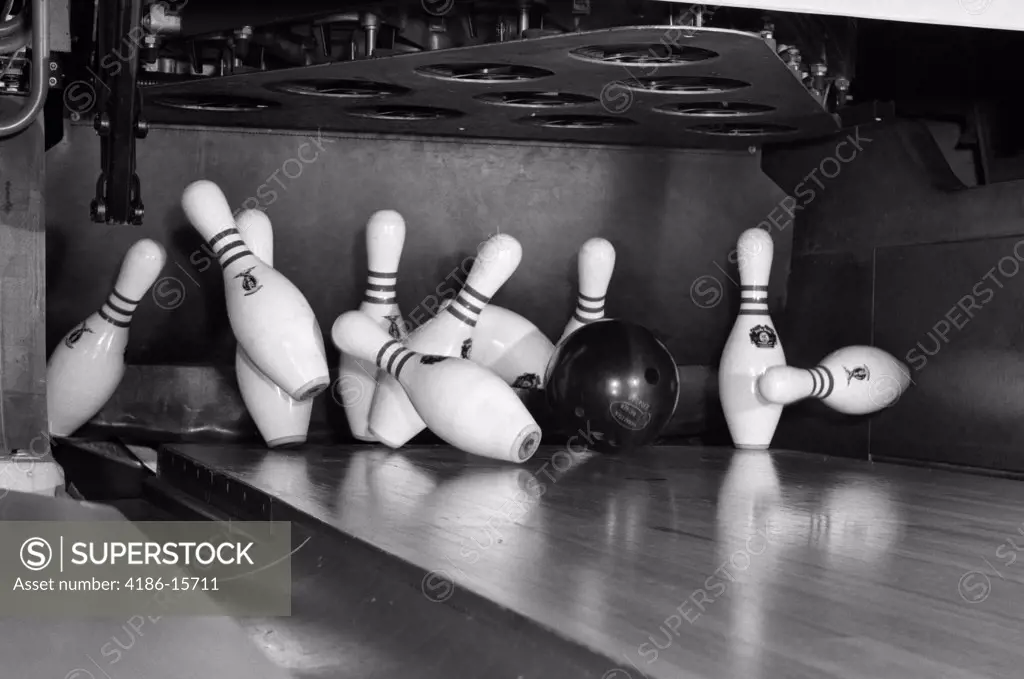 1960S Close-Up Of Bowling Ball Hitting Pins