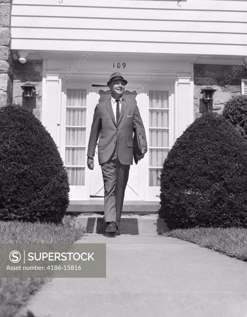 1950S Man House Sidewalk Hat Suit Walking Tie Portfolio