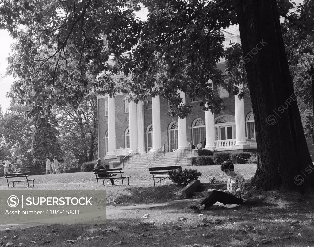 1960S Female College Student Sitting Under Tree Studying With Campus Building & Other Students Walking In Background