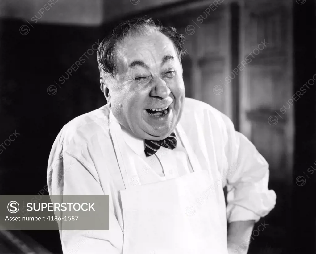 1930S 1940S Laughing Man Portrait Wearing Apron Butcher Baker Grocery Clerk Service Happy Man