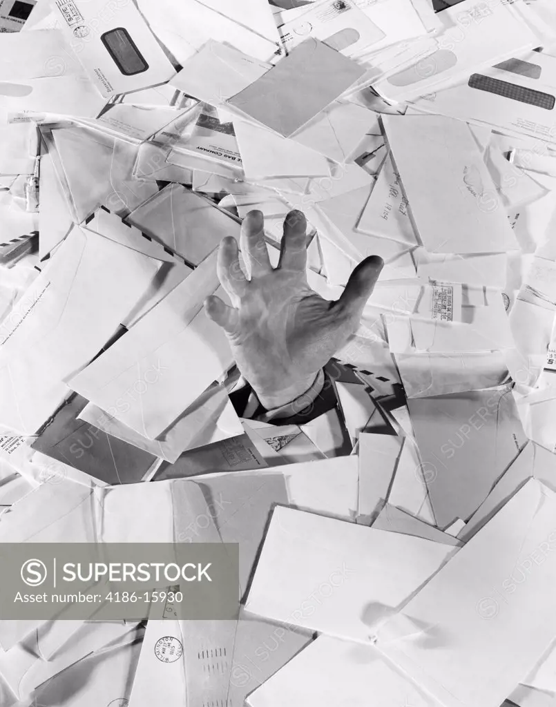 1950S Man Hand Sticking Out Of Pile Of Mail Bills Letters Drowning