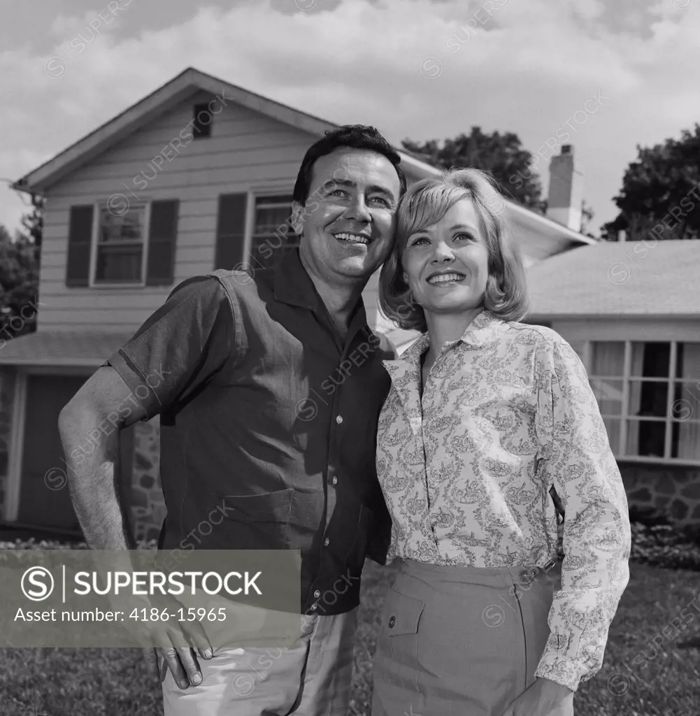 1960S Happy Couple Portrait Man Woman Smiling In Front Of Home