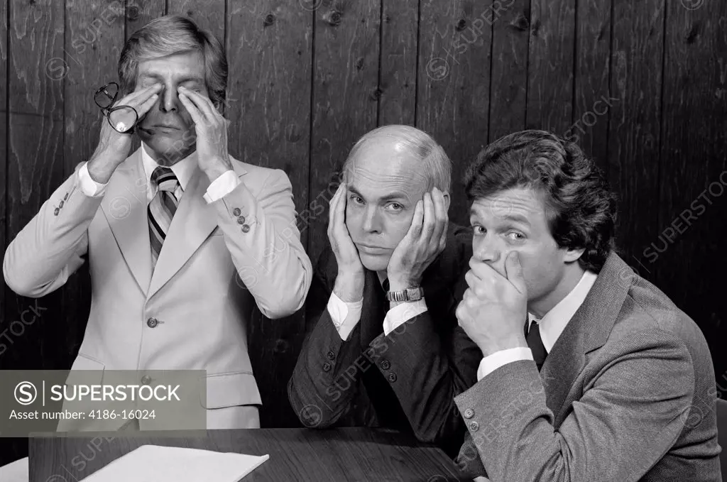 1970S Committee Of Three Businessmen See No Evil Hear No Evil Speak No Evil Symbolic Hand Gesture Trio